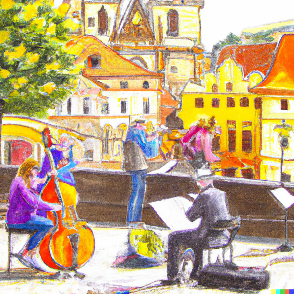 AIArt Music in sunny Prague, colored pencil
